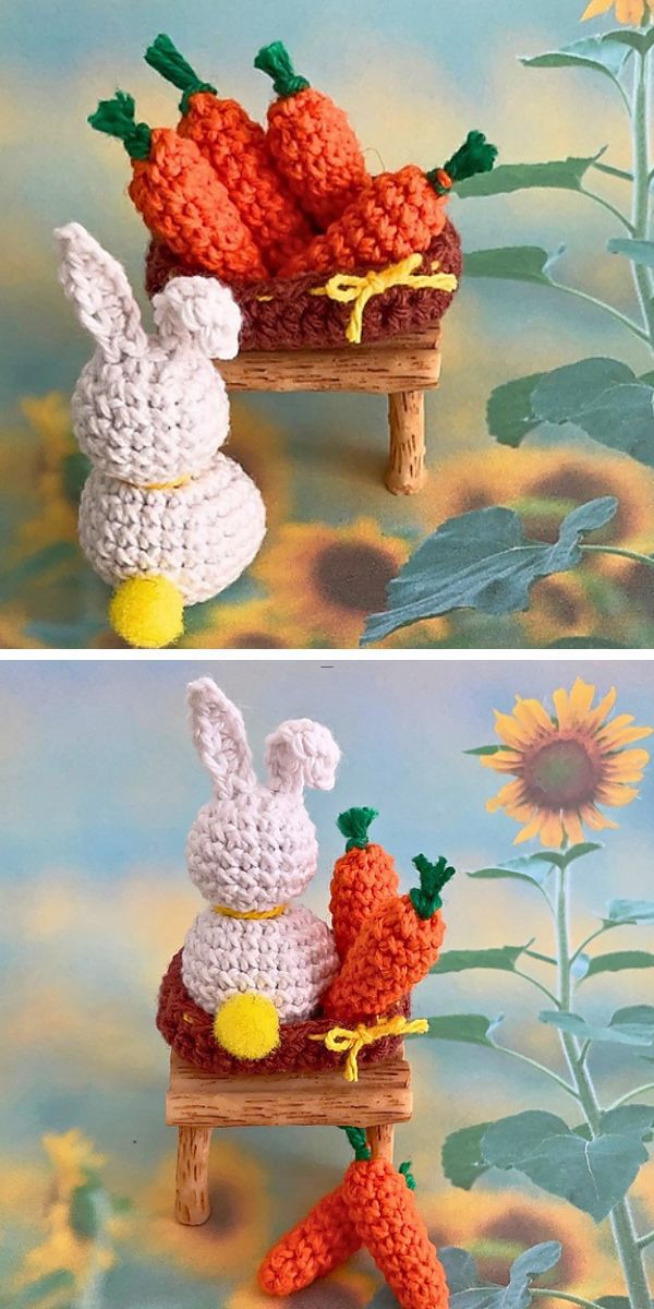 a bunny amigurumi with crochet carrots