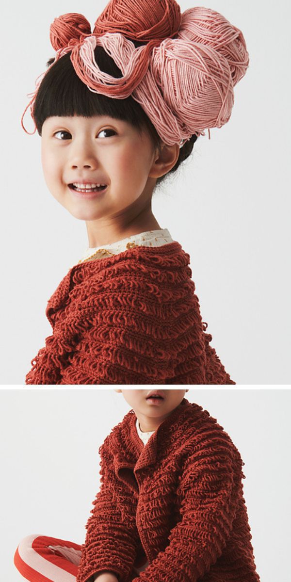 a girl wearing a red crochet cardigan for children