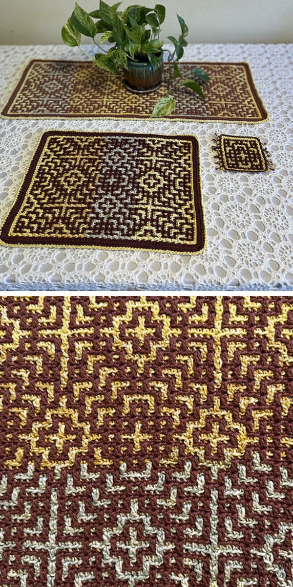 crochet placemats in different sizes with a mosaic design