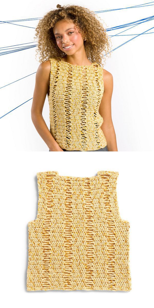 a woman wearing a crocheted top with an open stitchwork in a yellow color