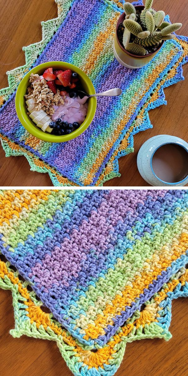 a colorful crochet placemat with a picot border