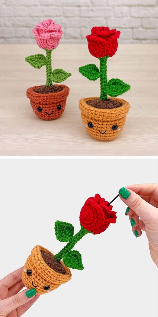 two crochet potted rose flower amigurumi