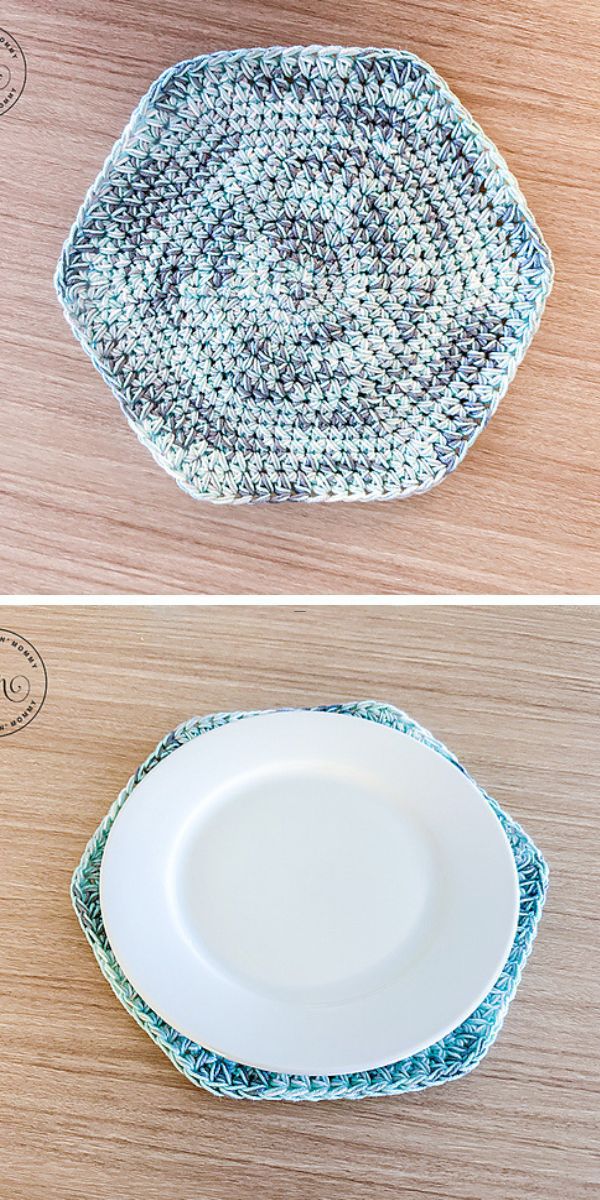 a crochet trivet shaped like a hexgaon