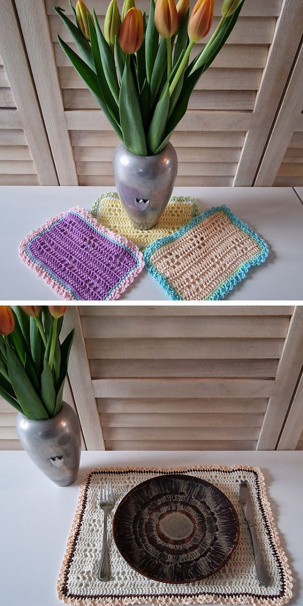 a set of crochet placemats in different colors with a butterfly stitch design