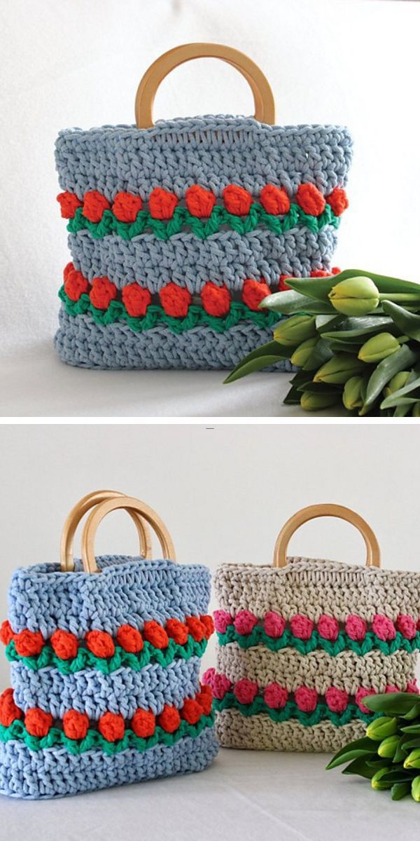 two crochet tote bags adorned with a tulip stitch