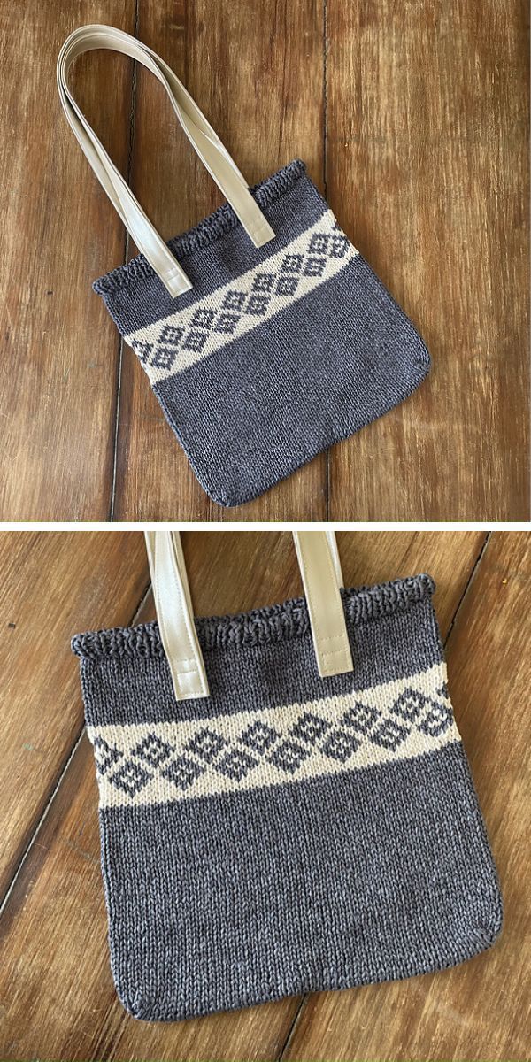 a knit tote bag with a geometrical motif