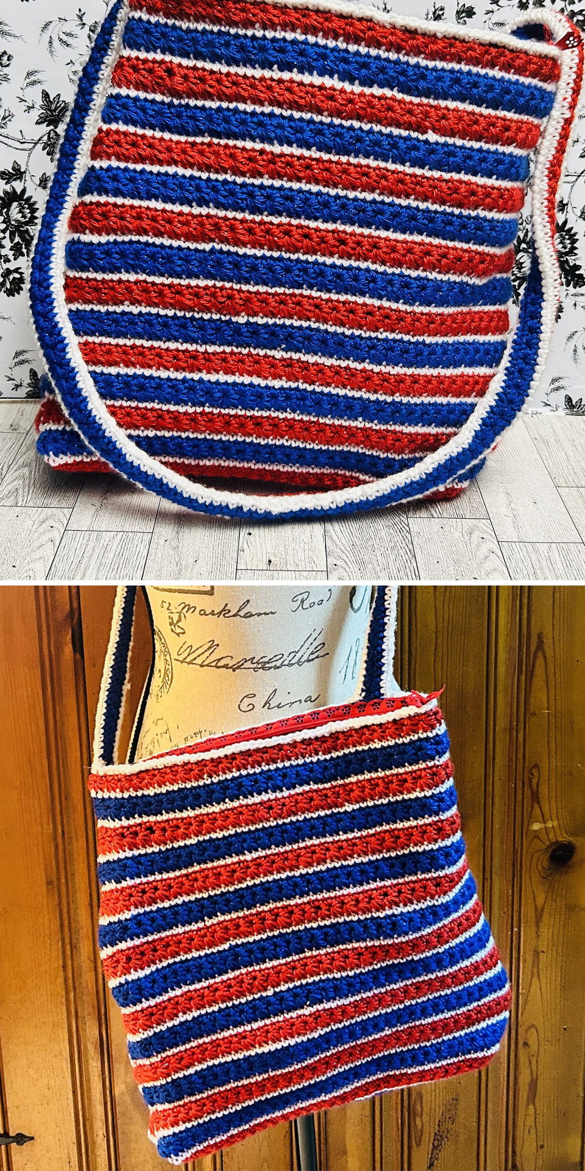 A crocheted shoulder bag with horizontal red, white, and blue stripes — perfect for showcasing Patriotic Crochet Ideas — displayed against a floral wallpaper and on a dress form.