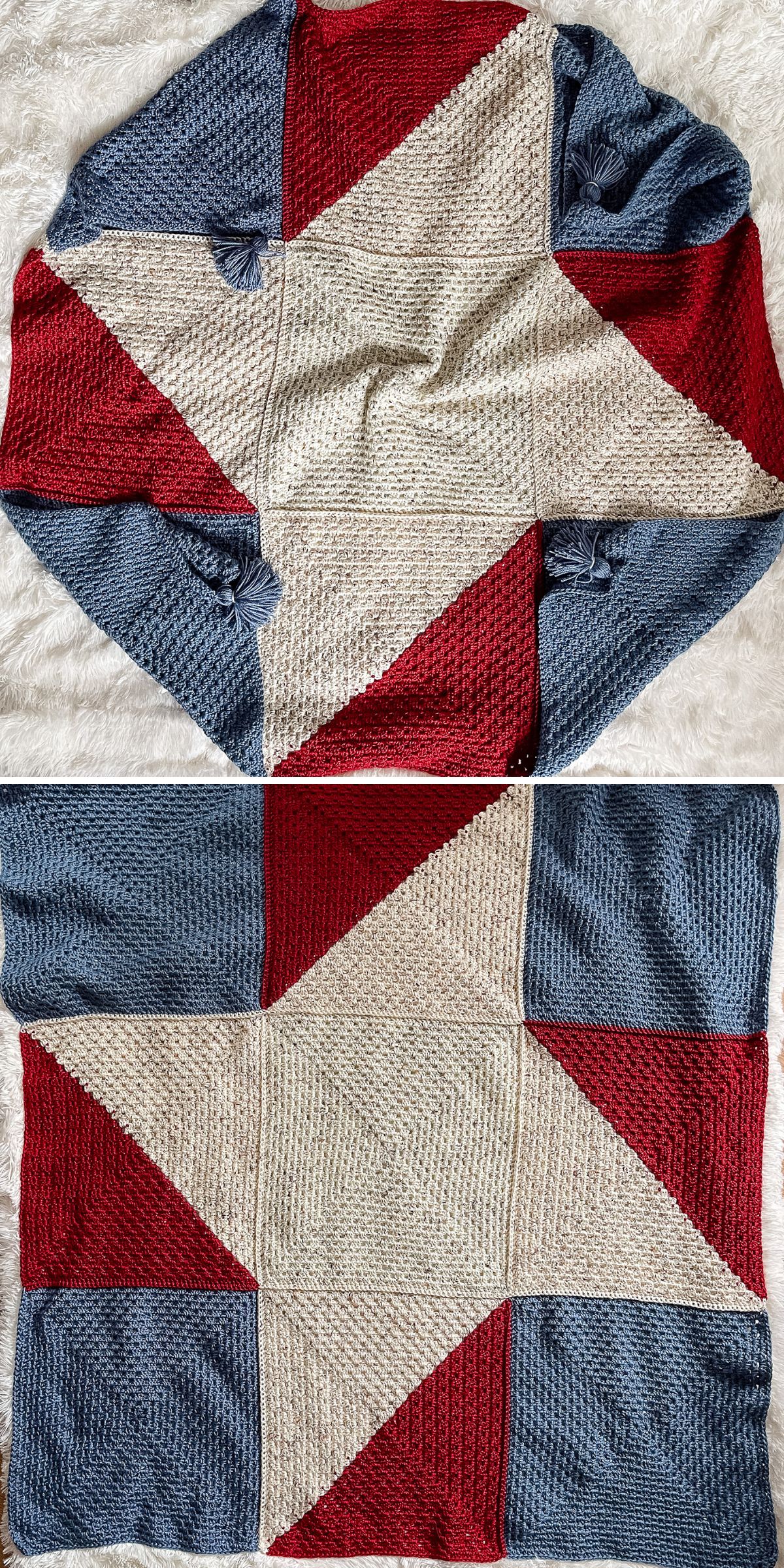 Two images of a crochet blanket in red, blue, and cream sections form a large geometric star pattern — perfect for those seeking patriotic crochet ideas — displayed on a white textured surface.