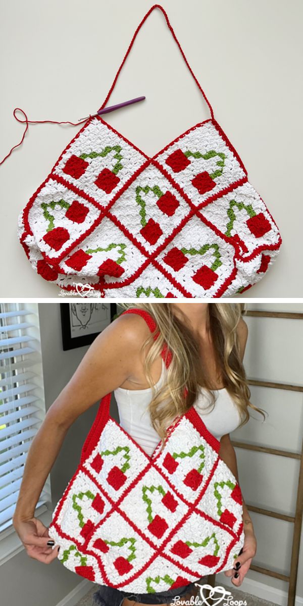 a crochet tote bag made of granny squares with cherry motifs