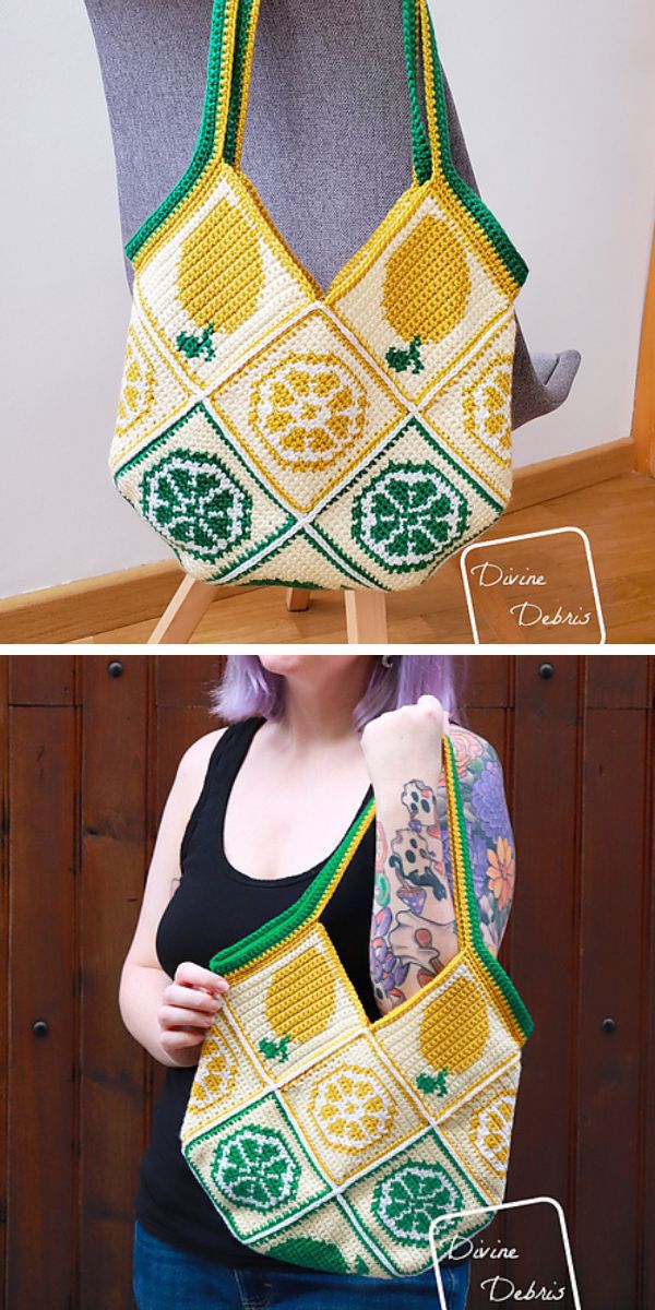 a crochet bag made of squares with citrus motifs