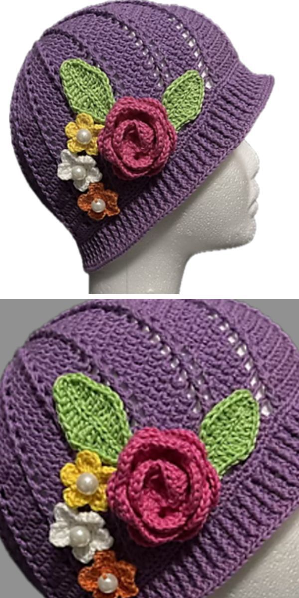 a crochet bucket hat with a flower embelishment