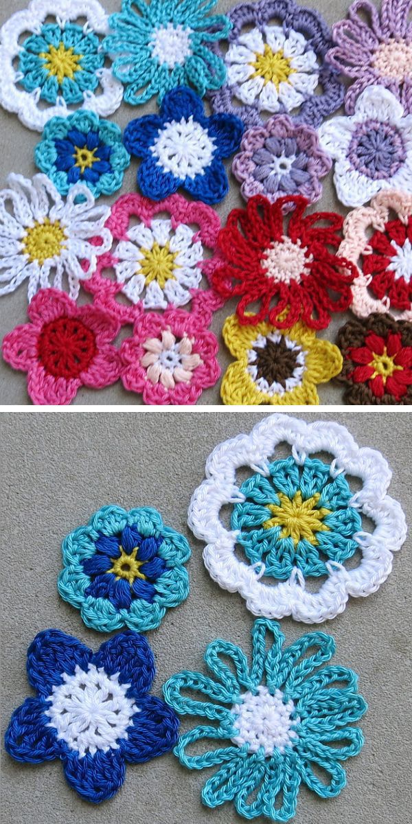 a collection of crochet flower appliques in different shapes and sizes