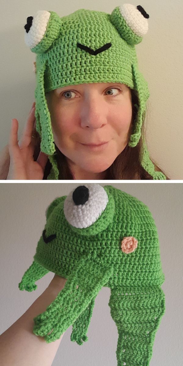 a crochet hat shaped like a frog