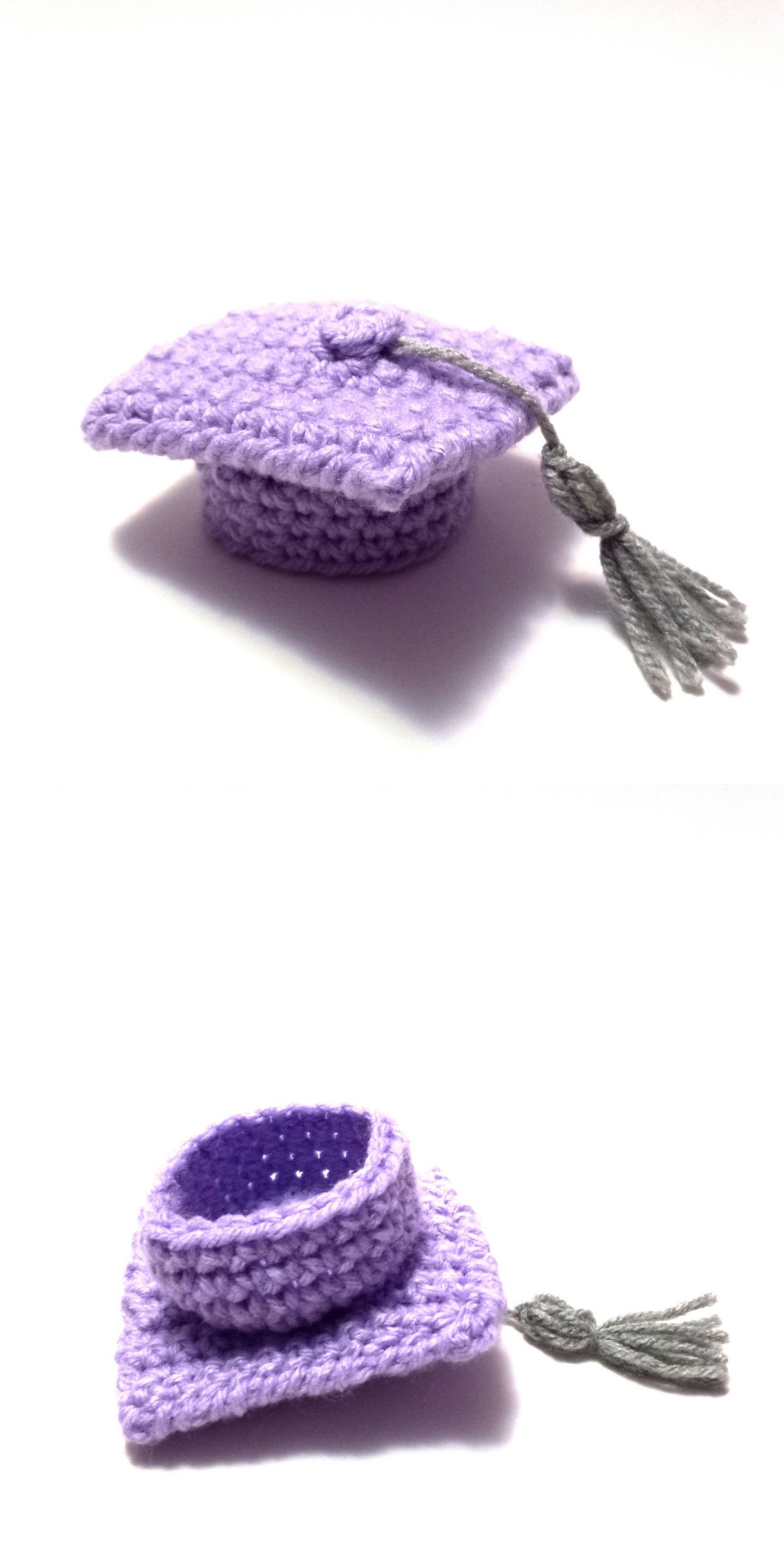 Two views of a small, crocheted, lavender graduation cap with a gray tassel — perfect inspiration for crochet graduation gift ideas — are shown upright and upside down.