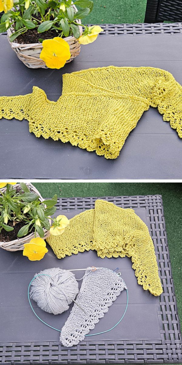 a knit lace shawl in yellow