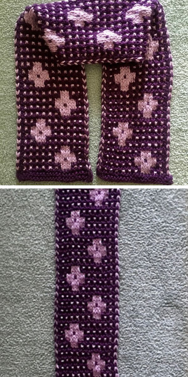 a knitted scarf with flower mosaic motifs