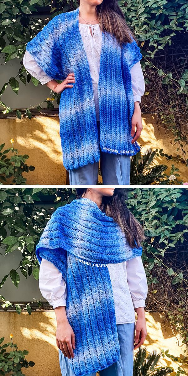 a woman wearing a wide knitted scarf in blue colors