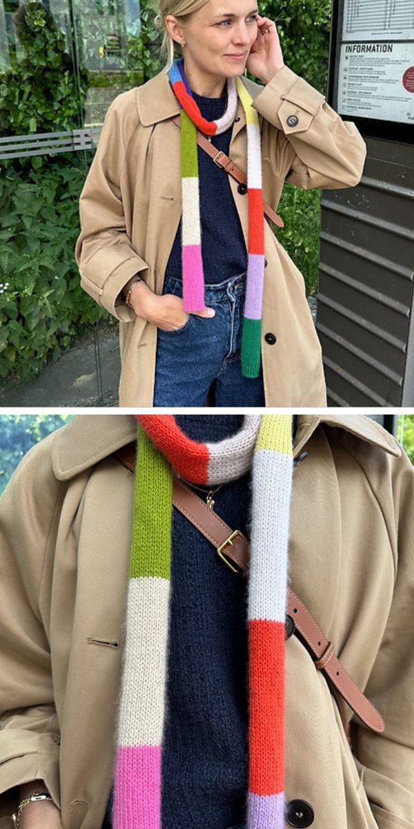 a woman wearing a knit multicolored scarf