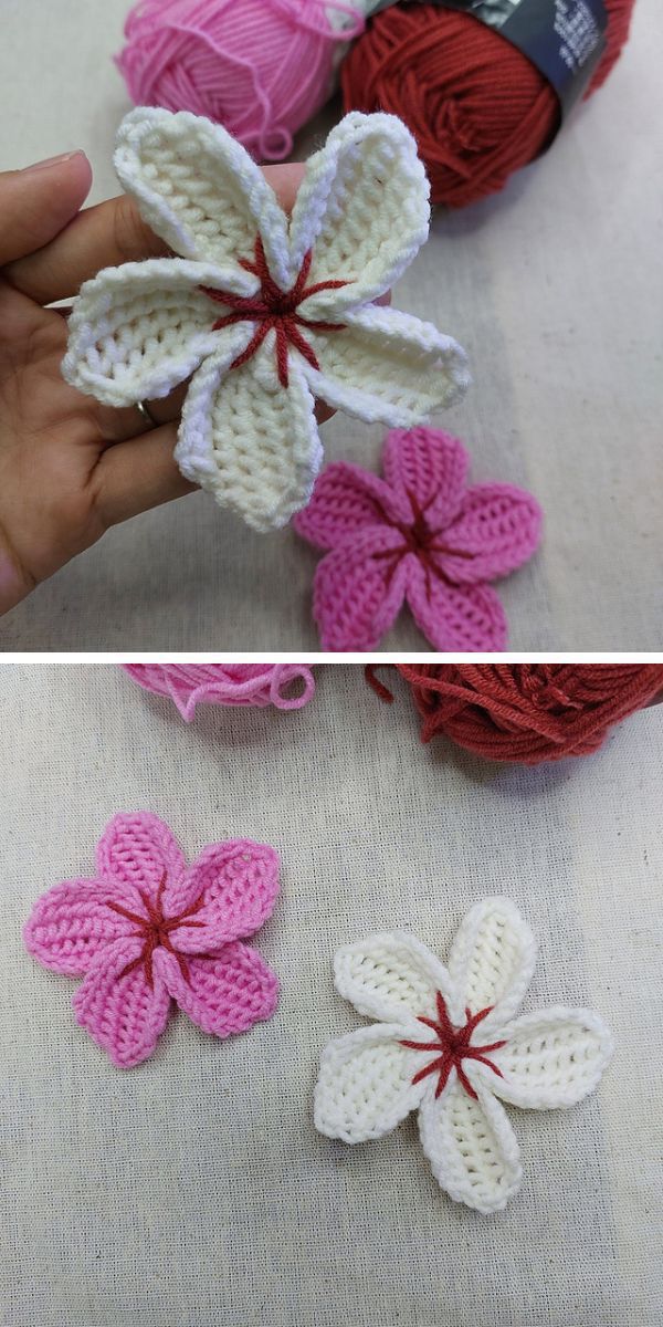 two crochet cherry blossom appliques