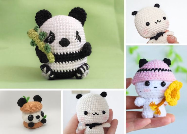 a set of crochet panda amigurumi