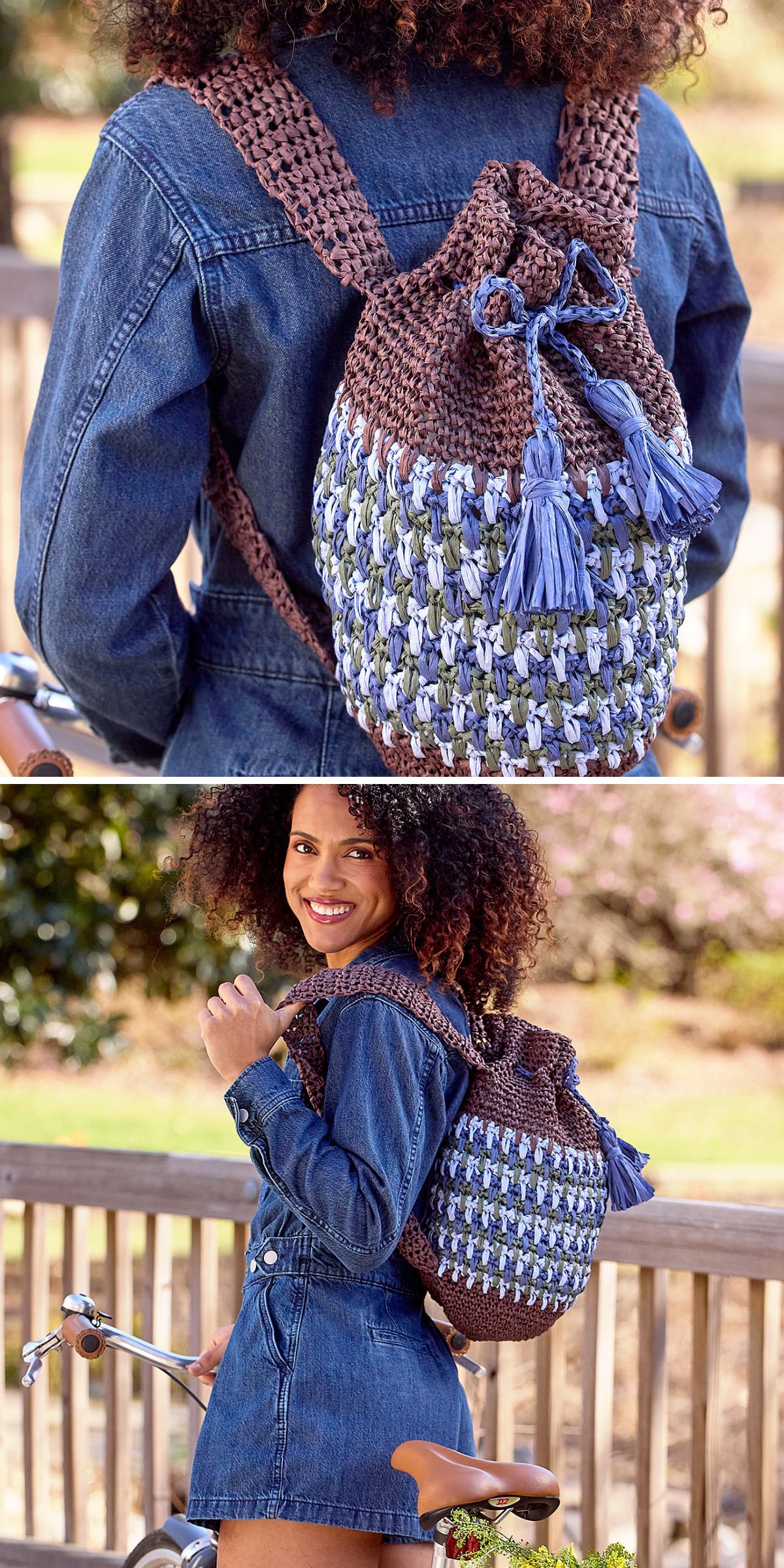 a multicolored bucket-shaped crochet backpack with a bow and tassels