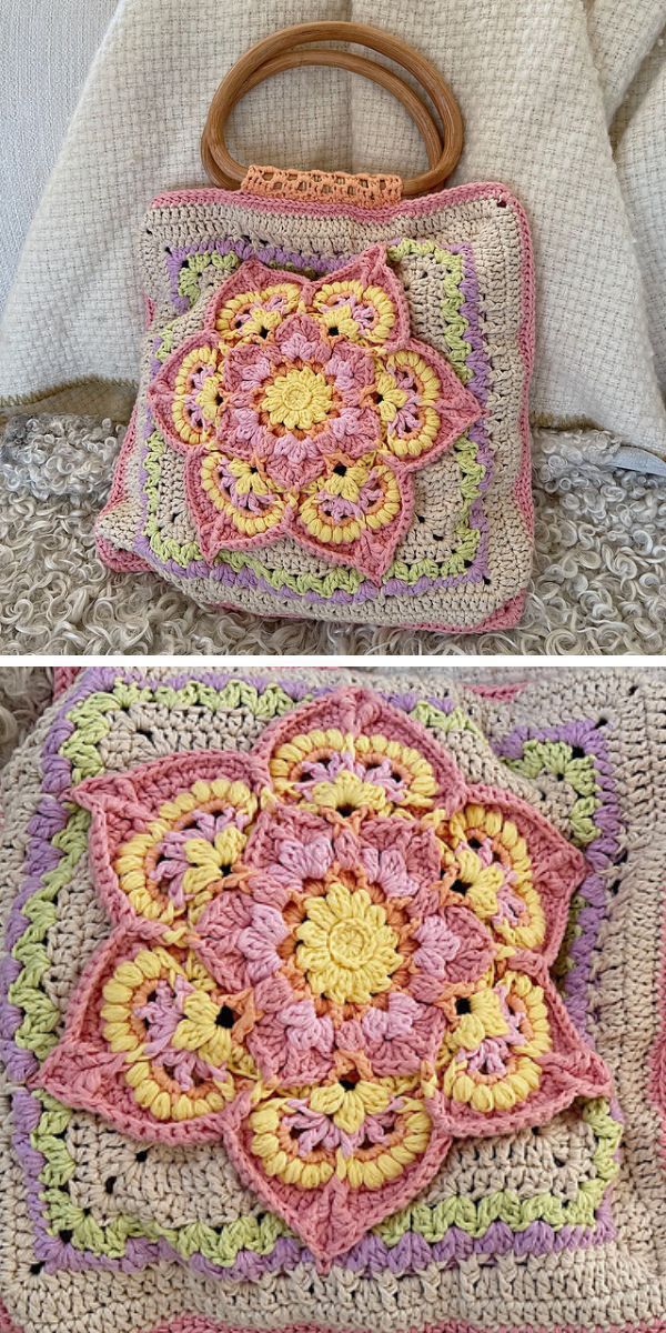 a crochet bag with a big intricate flower motif