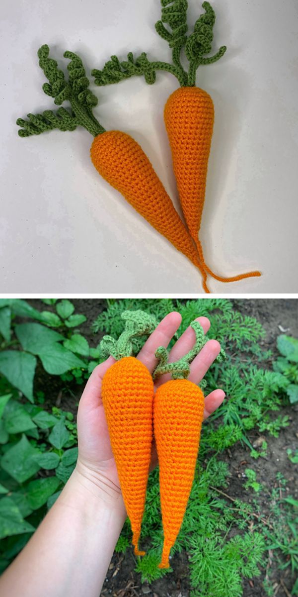 two crocheted carrots