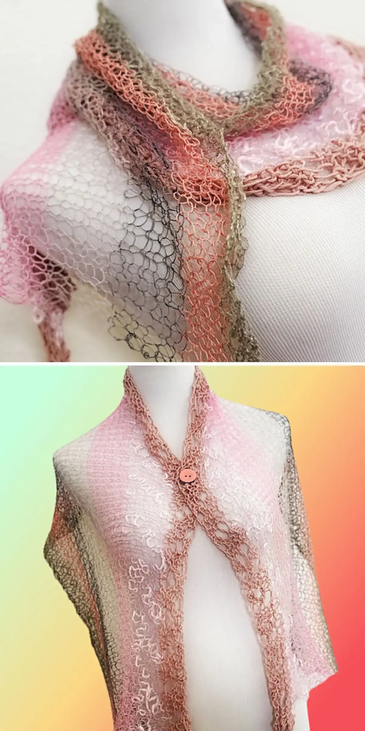 A multicolored, lightweight lace scarf reminiscent of knitted shawls is elegantly displayed on a mannequin against a gradient background.