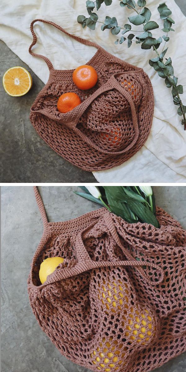 a crochet market bag with a bunch of oranges inside it