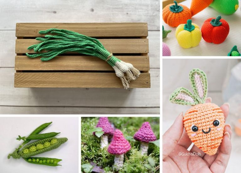 A collage of crocheted vegetables including a bunch of green onions, a cartoonish carrot with a face, peppers, pees in the pod, and mushrooms