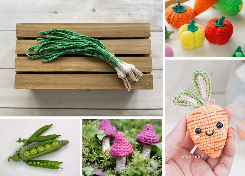 A collage of crocheted vegetables including a bunch of green onions, a cartoonish carrot with a face, peppers, pees in the pod, and mushrooms