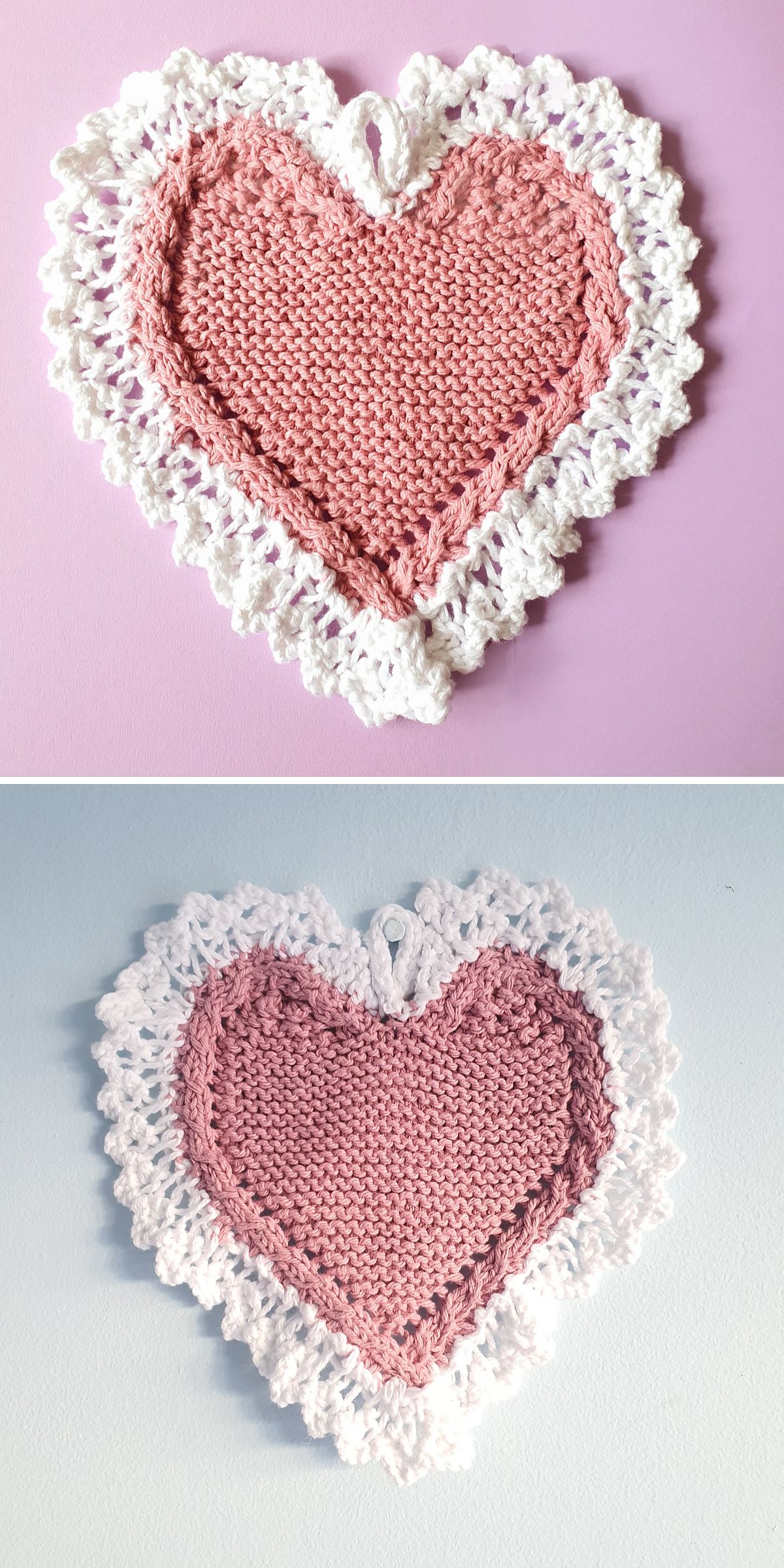 Two heart-shaped knitted cloths with pink centers and white borders are displayed on pastel backgrounds, one pink and one light blue.