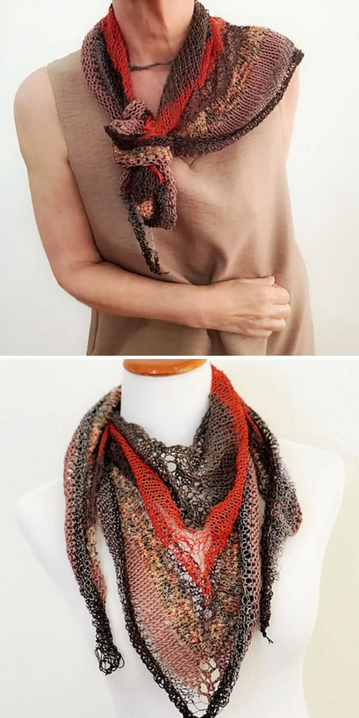 A person wears a multicolored, knitted scarf reminiscent of artisanal knitted shawls, with shades of brown, red, and orange over a beige top. The scarf is styled in a draped knot. Below, the scarf is elegantly showcased on a mannequin.