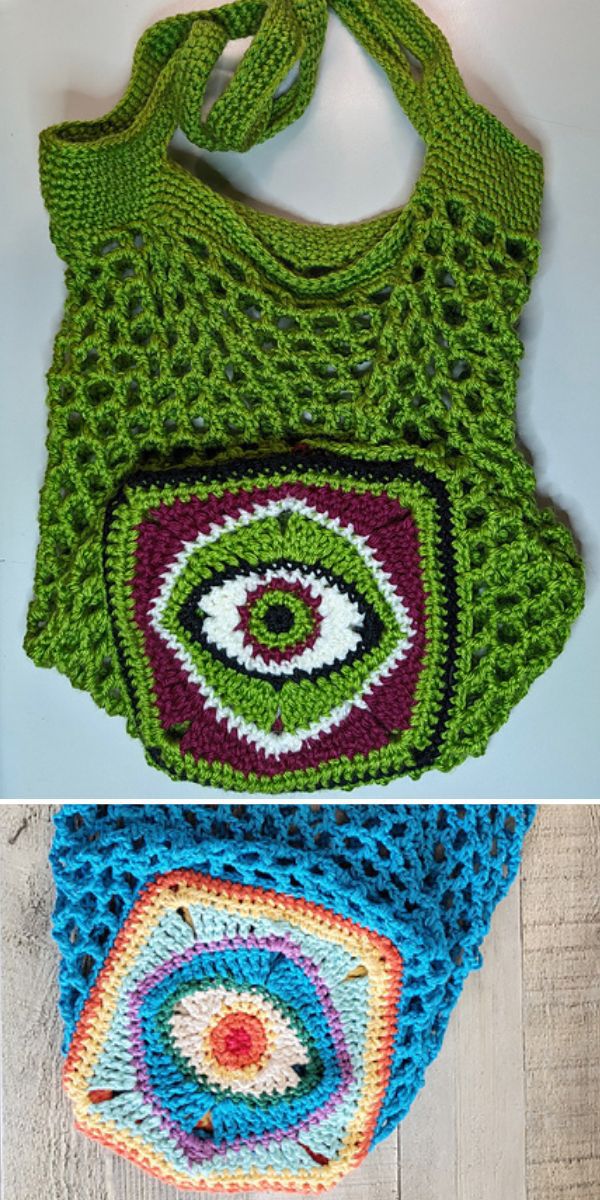 a colorful crochet market bag