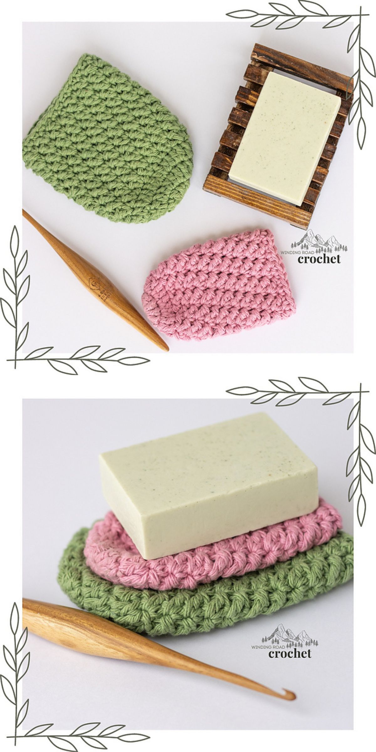 Two images show green and pink crocheted bath mittens.