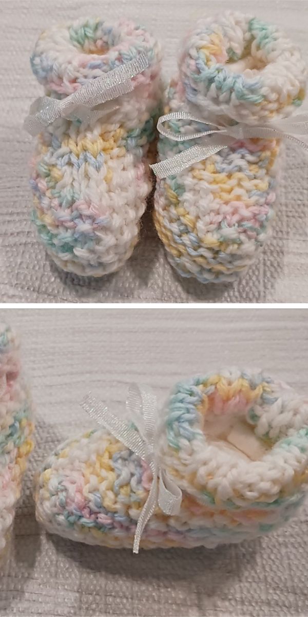 a pair of crochet baby booties in pastel colors