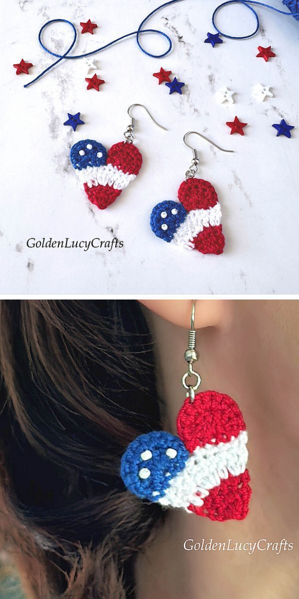 crochet heart earrings in America's flag colors