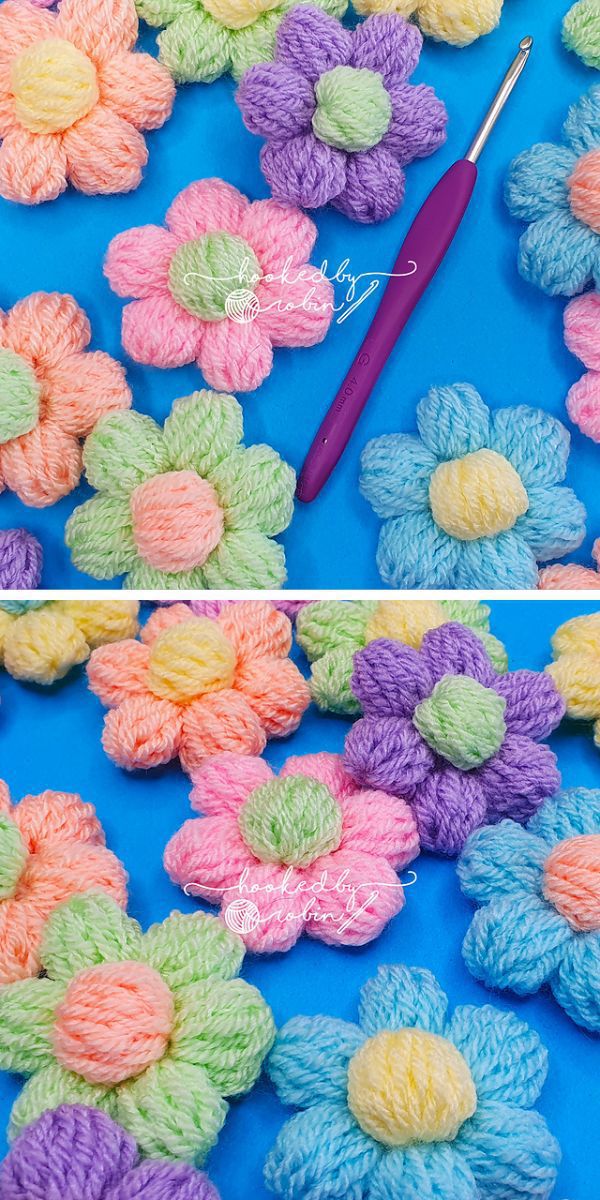 colorful puffy flower crochet appliques