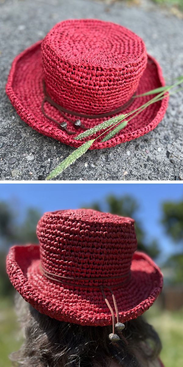 a red crochet raffia sun hat