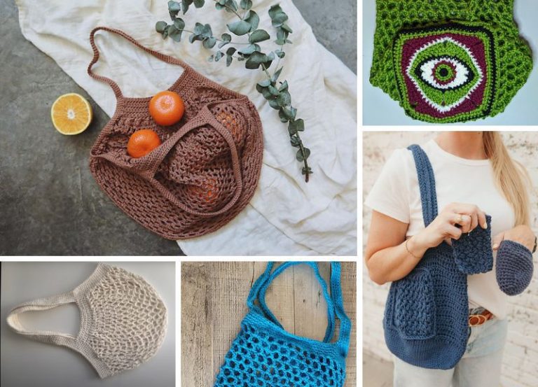 a collection of crochet market bags