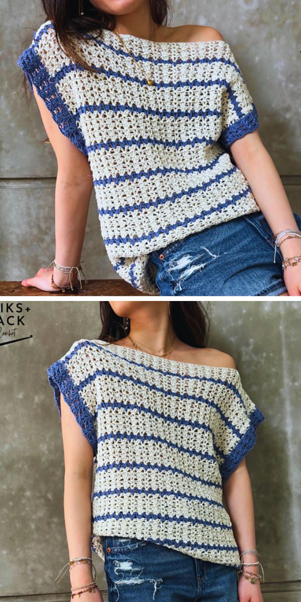 a crochet shortsleeve top with a striped design