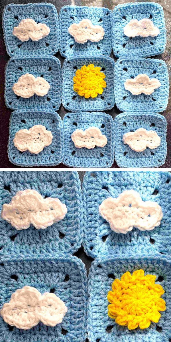 blue crochet granny squares with cloud and sun appliques