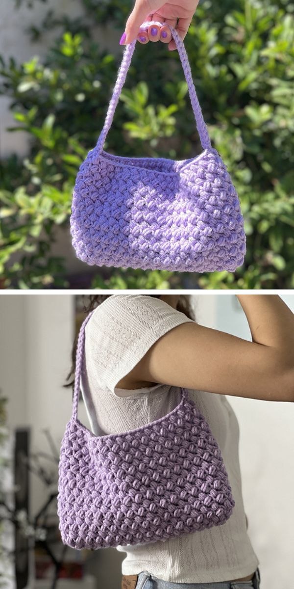 a crochet handbag in a violet color