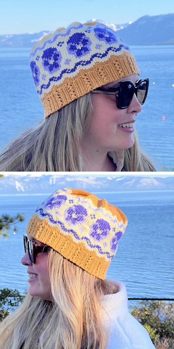 a woman wearing a colorful knitted beanie