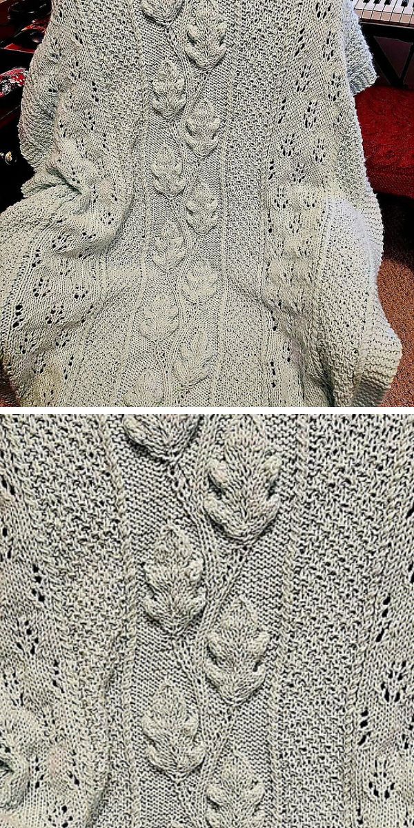 a knit baby blanket with an intricate leaf design