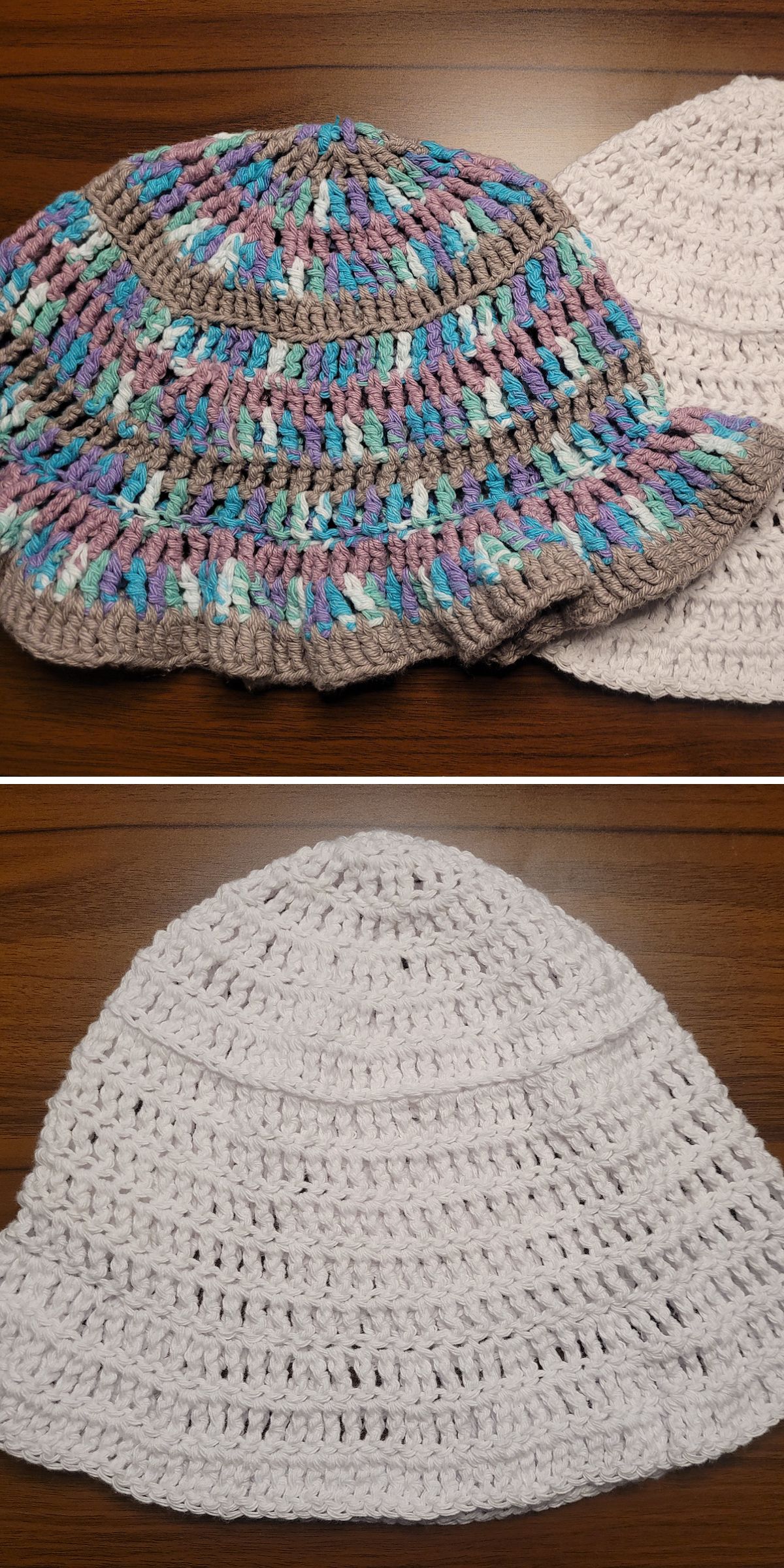 two crochet bucket hats, one with multicolored striped design and one made in a white solid shade