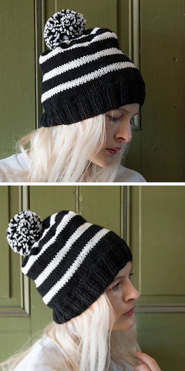 a striped knit winter hat with a pom pom