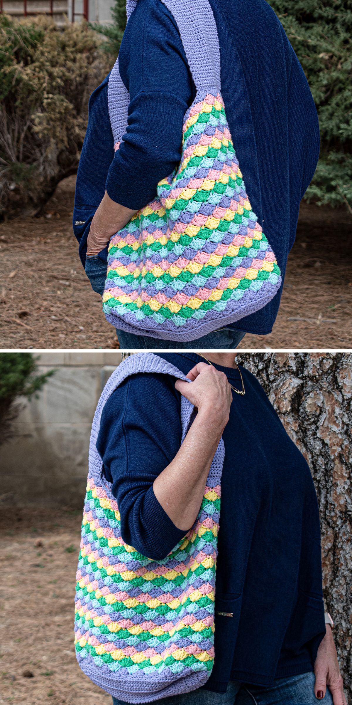 a crocheted summer bag with a shell stitch texture in rainbow colors
