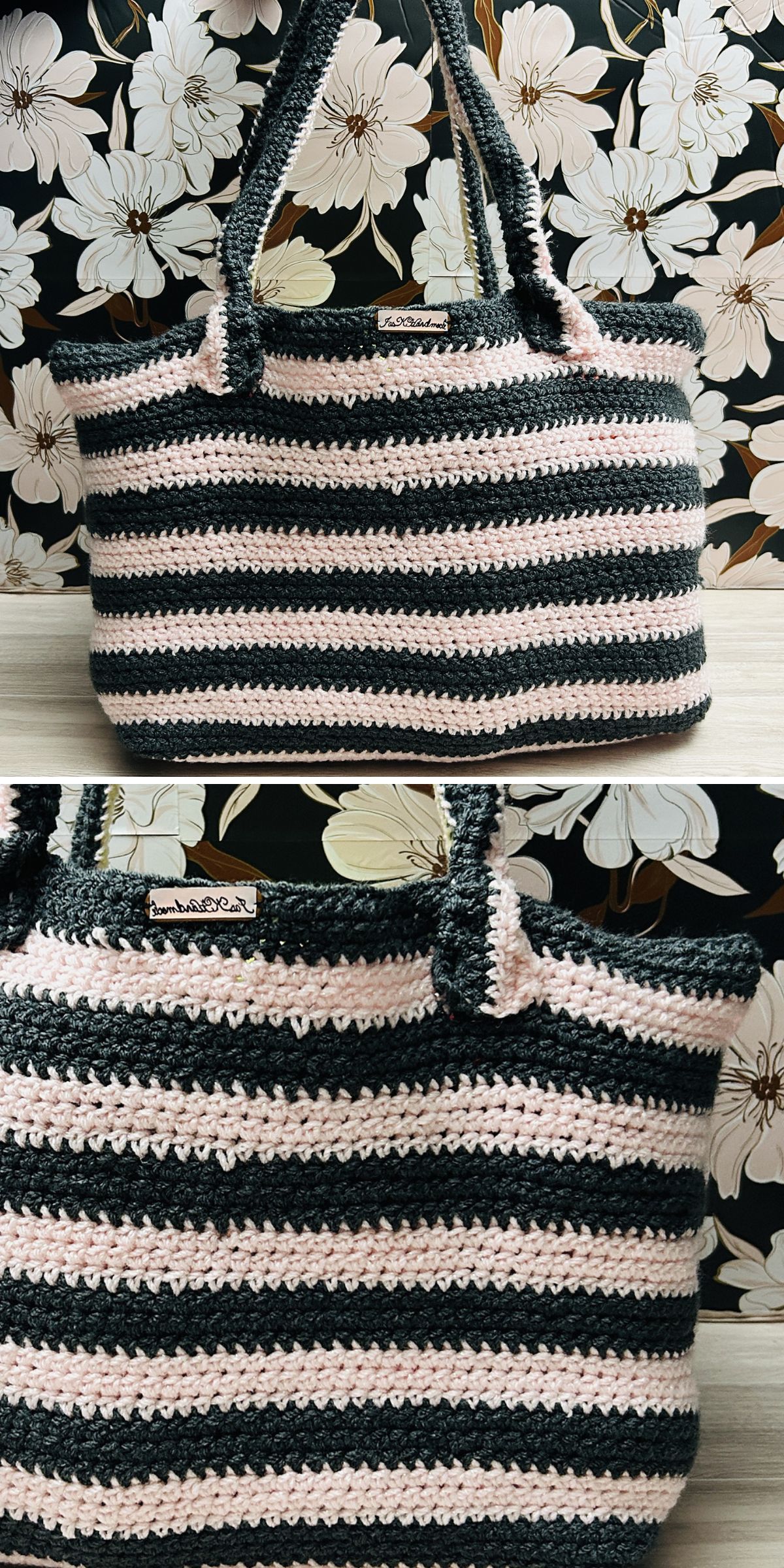 a crochet tote bag featuring a black and white stripes