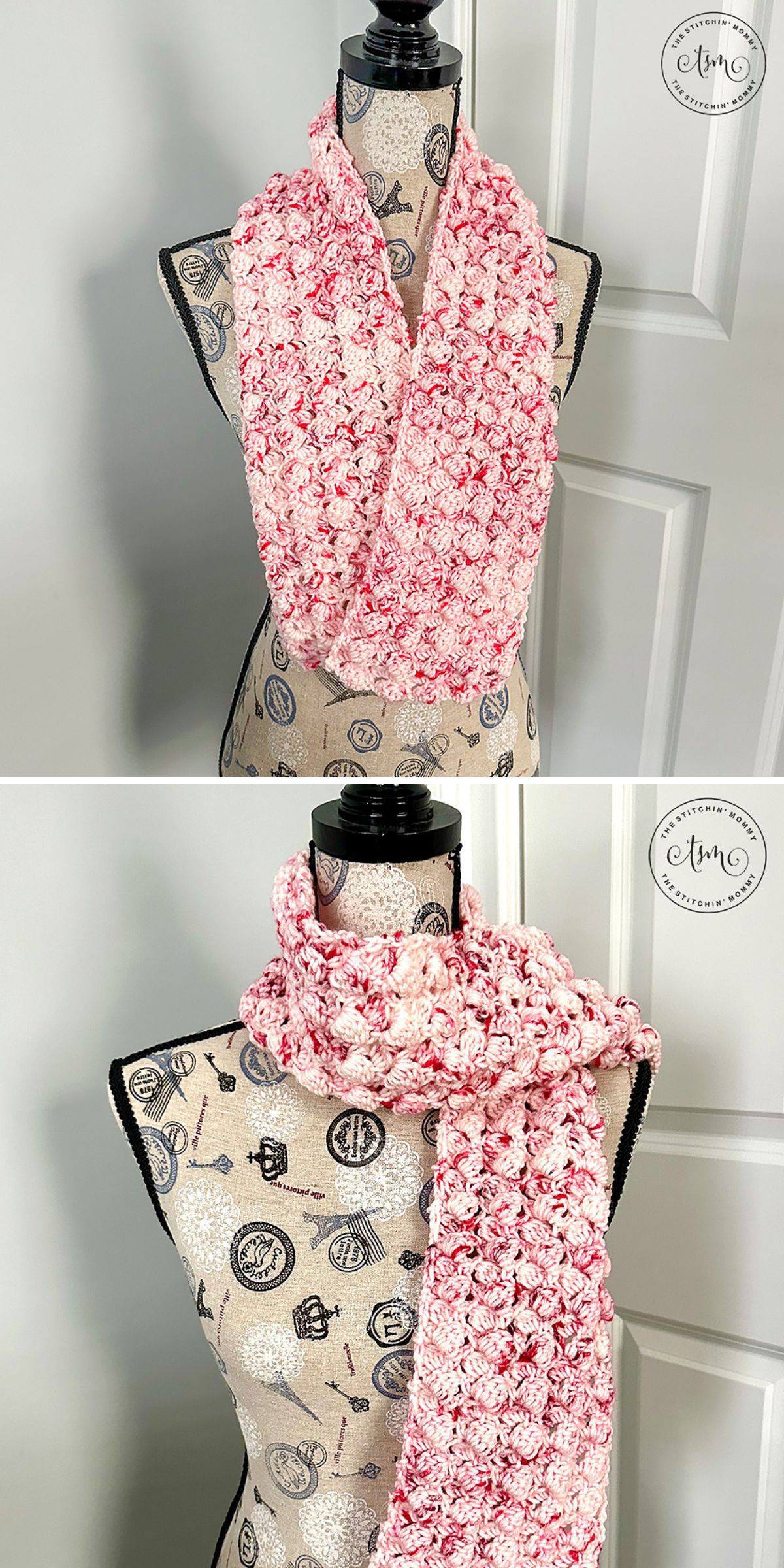 A delightful crochet scarf in pink and white elegantly drapes over a patterned mannequin, showcasing the intricate beauty of crochet scarves.